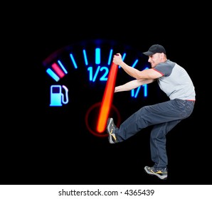 Angry Man Pulling The Fuel Needle, Global Warming Conceptual,  Gauge In Macro Mode,