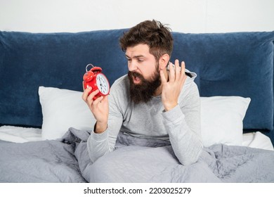 Angry Man Shouting At Alarm Clock Being In Bed Awake In Morning, Oversleep