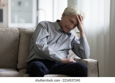 Angry mature hoary man sitting on sofa looking pensive deep in unpleasant thoughts, feels annoyed or dissatisfied by life troubles. Psychological problems, mental disorder, chronic senile diseases - Shutterstock ID 2214537245
