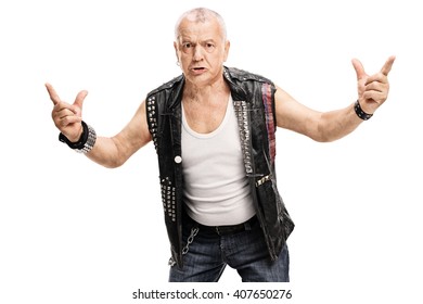 Angry Mature Punk Rocker Gesturing With His Hands Isolated On White Background