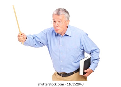An angry mature teacher holding a wand and gesturing isolated on white background