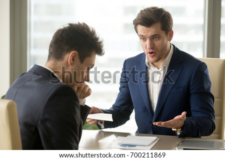 Angry mean boss yelling at employee for missing deadline, executive manager scolding ineffective salesman showing bad work results, firing worker for failure, team leader dissatisfied with report