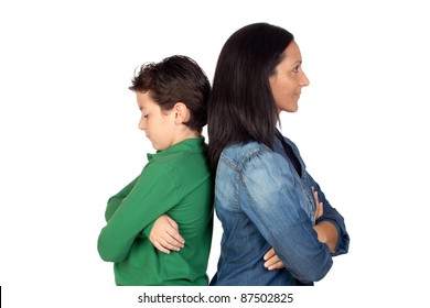 Angry Mother And Son Isolated On White Background