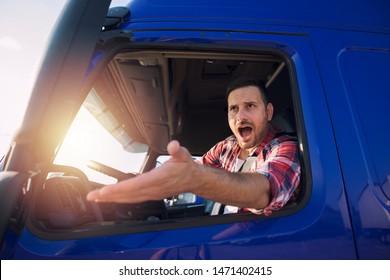 Angry And Nervous Truck Driver Yelling At Someone In Traffic. Difficulties On The Road.