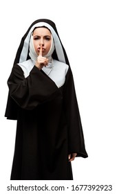 Angry Nun Showing Silence Symbol, Isolated On White