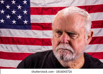 Angry Old Vietnam Vet In Front Of American Flag