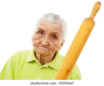 angry old woman holding a rolling pin in her hand