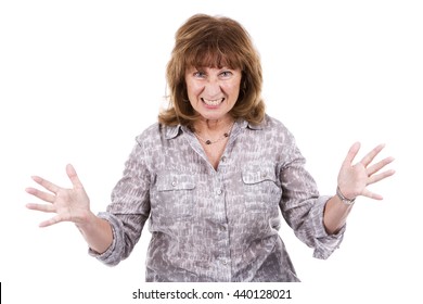 Angry Older Caucasian Woman Wearing Casual Outfit On White Isolated Background