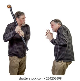 An Angry Older Gentleman Threatening His Twin With A Heavy Black Briar Walking Stick Or Cane