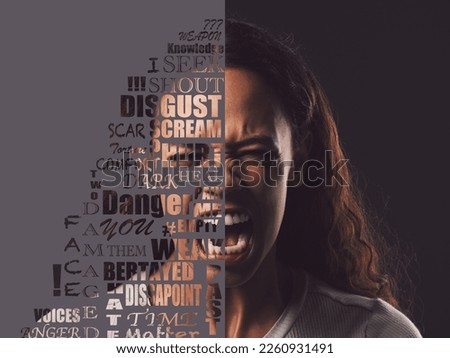 Angry, protest and quotes or words by woman shouting or screaming isolated against a studio black background. Frustrated, annoyed and portrait activist loud for mental health, depression and anxiety