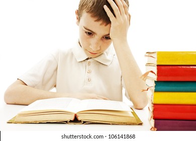 Angry Schoolboy With Learning Difficulties. Isolated On A White Background