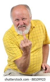 Angry Senior Bald Man Shows Middle Finger