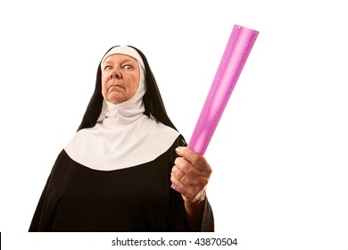 Angry Senior Nun Brandishing Ruler As Weapon