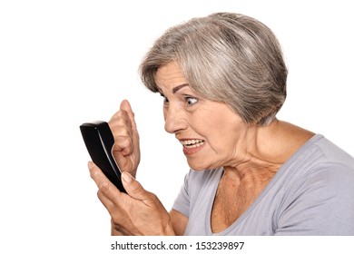 Angry Senior Woman Talking Phone Isolated On White