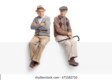 Angry seniors sitting on a panel isolated on white background