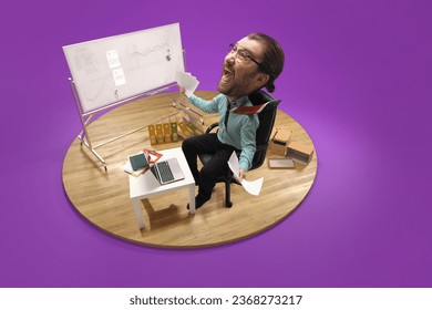 Angry, shouting guy with huge head and small body sitting on with laptop in office, room isolated purple background. 3d-rendering island. Concept of art, business, online work, quarantine, workplace.