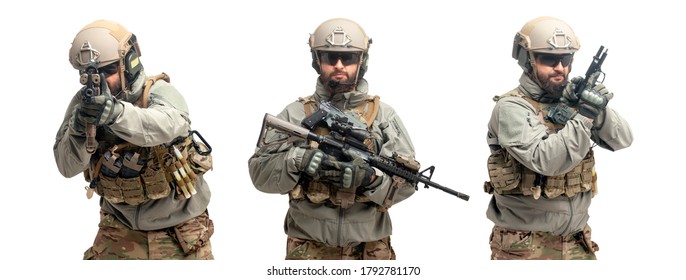 Angry Soldier In Military Equipment With A Gun Screaming On A White Isolated Background, A Commando In Uniform With A Rifle Attacks In A Rage