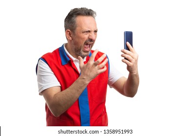 Angry Store Manager Or Employee Having Argument On Phone With Video Call Isolated On White Studio Background