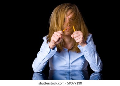 angry and stressed blonde businesswoman in blue shirt, studio shoot isolated on black background - Powered by Shutterstock