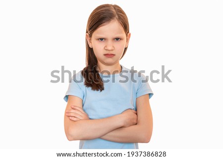 Angry, Stressed, Sad, Unhappy, Offended Depressed Girl Teen put her hands one by one. Teenager has Negative Emotions, Needs Help. Isolated on White Background
