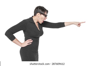 Angry Teacher Woman Pointing Out Isolated Over White