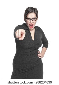 Angry Teacher Woman Pointing Out Isolated Over White