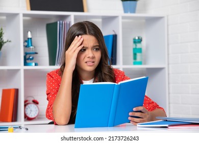 Angry Teenager Girl, Upset And Unhappy Negative Emotion. Back To School. Teenager School Girl Reading Book Ready To Learn.