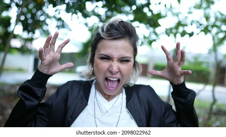 Angry Upset Woman Funny Grimace Goofy Face Screaming And Yelling