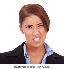 Angry And Upset Young Business Woman ' S Face On White Background