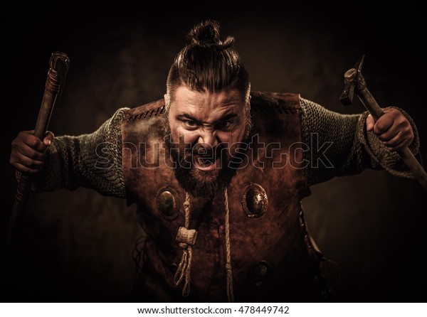 Angry Viking Axes Traditional Warrior Clothes Stock Photo 478449742 ...