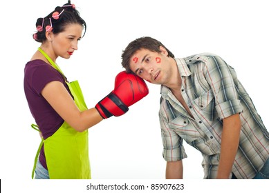 Angry Wife Boxing Unfaithful Husband Isolated On White Background