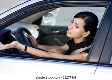 Angry Woman Driver Stuck In Traffic Jam