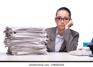 Angry woman with piles of paper on white