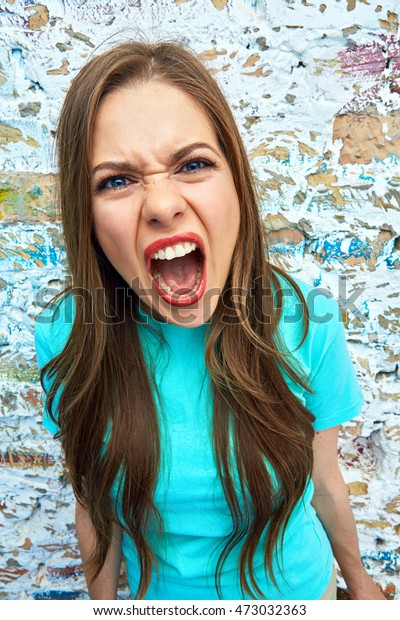 Angry Woman Portrait Screaming Girl Close Up Face