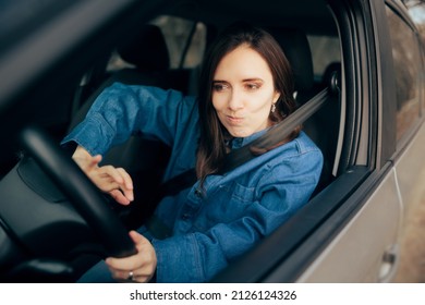 
Angry Woman Pressing The Honk While Driving. Stressed Driver Being Rude Beeping And Making Noises In Heavy Traffic
