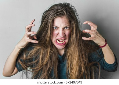 Angry Woman Yelling, Caucasian Girl With Long Hair Screaming With Rage