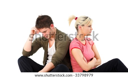 Angry young boy and girl over white background