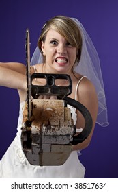 angry young bride with an chainsaw on a dark blue background