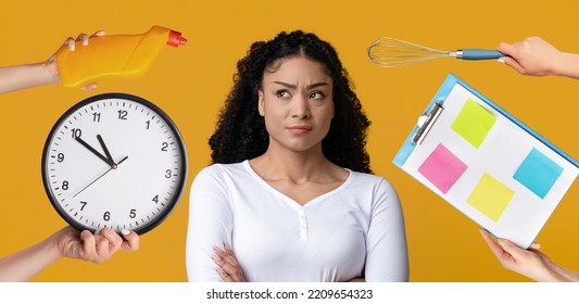 Angry Young Curly Asian Lady In White Holding Hands On Chest, Looking At Hands With Various Stuff, Having Difficulties With Time Management, Yellow Background, Panorama, Collage