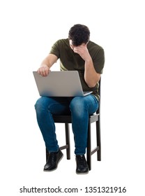 Angry Young Man With Laptop On Knees, Hand To Head Looking Disappointed, Isolated Over White Background. Irritated Freelancer Or Programmer Guy Working Nervous At His Notebook Computer, Full Length.