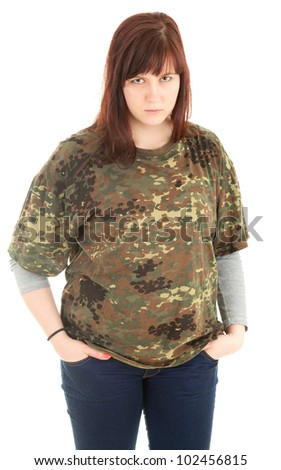 angry young woman in camouflage shirt, white background