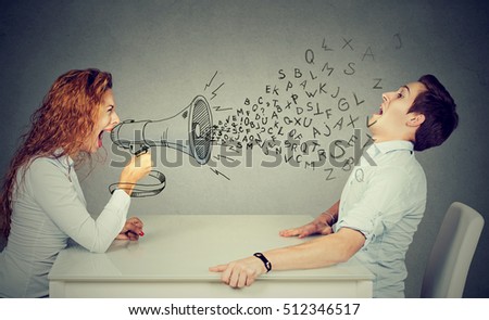 angry young woman with megaphone shouting at stressed scared man blown away by wave of alphabet letters 