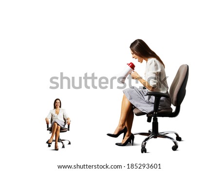 angry young woman and smiley calm woman on the chair over white background