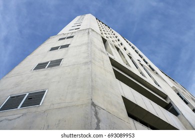angular concreate tower with blue sky