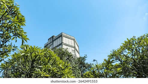 Angular Grey Building Rising Above Green Trees Under Clear Blue Sky