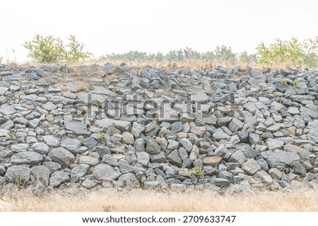 Angular, irregularly shaped gray stones in a rugged stacked pattern forming a wall-like structure, situated on urban terrain with dormant vegetation and distant natural environment shrubs, trees S