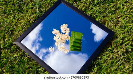 An angular mirrored surface shows a vibrant, white cloud-streaked blue sky with succulent aloe vera pieces and shiuli jasmine blooms, on grassy background. October 27, 2025, Florida