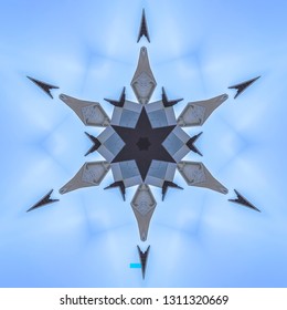 Angular Pointed Star Made From Real Estate Photo. Geometric Kaleidoscope Pattern On Mirrored Axis Of Symmetry Reflection. Colorful Shapes As A Wallpaper For Advertising Background Or Backdrop.