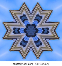 Angular Shapes Made From Home In Real Estate Photo. Geometric Kaleidoscope Pattern On Mirrored Axis Of Symmetry Reflection. Colorful Shapes As A Wallpaper For Advertising Background Or Backdrop.