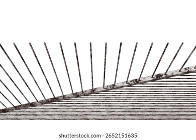 angular structure resembling a steeply inclined plane or ramp, vertical rods projecting upwards slightly uneven in length, creating a radiating pattern against the textured.